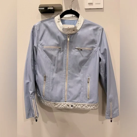 Silver & Blue Leather Racing Jacket - Picture 1 of 9